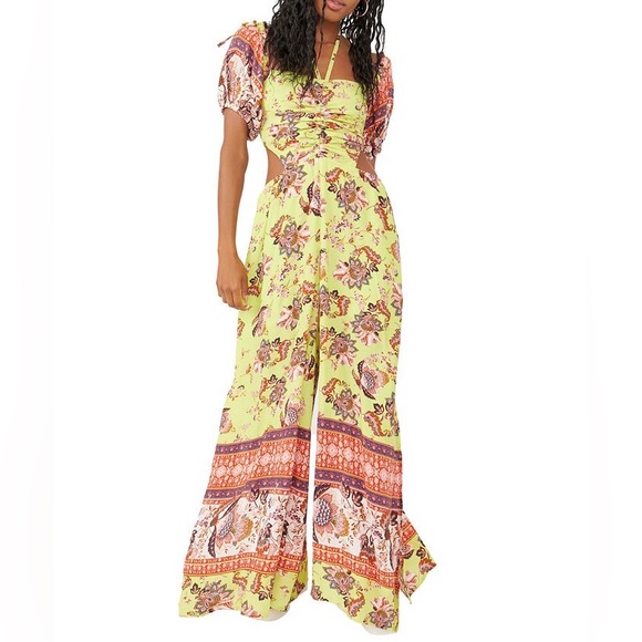 Free People Pants - Free People Citrus Skies halter neck puff sleeve cut out jumpsuit medium